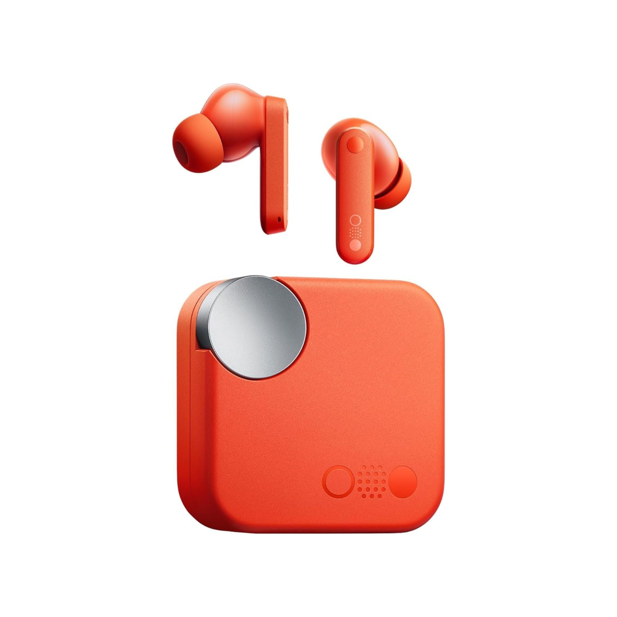 The image shows a pair of orange wireless earbuds with a charging case, featuring in-ear headphones with a metallic finish and a circular control button on the front.