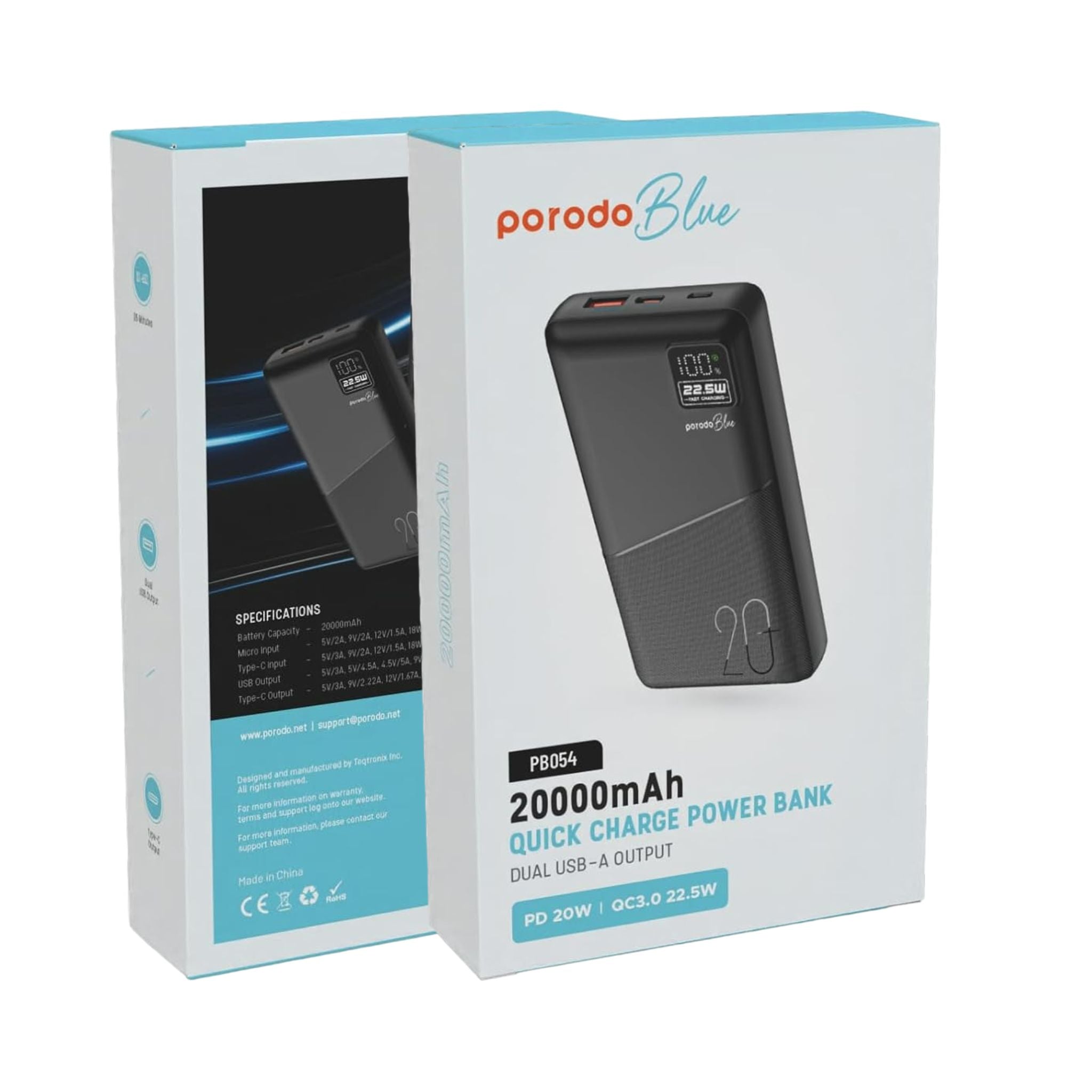 Porodo Blue Quick Charge Power Bank with USB-A & USB-C Outputs, 20000mAh Battery Capacity, Digital Display, 20W Power Delivery - Black