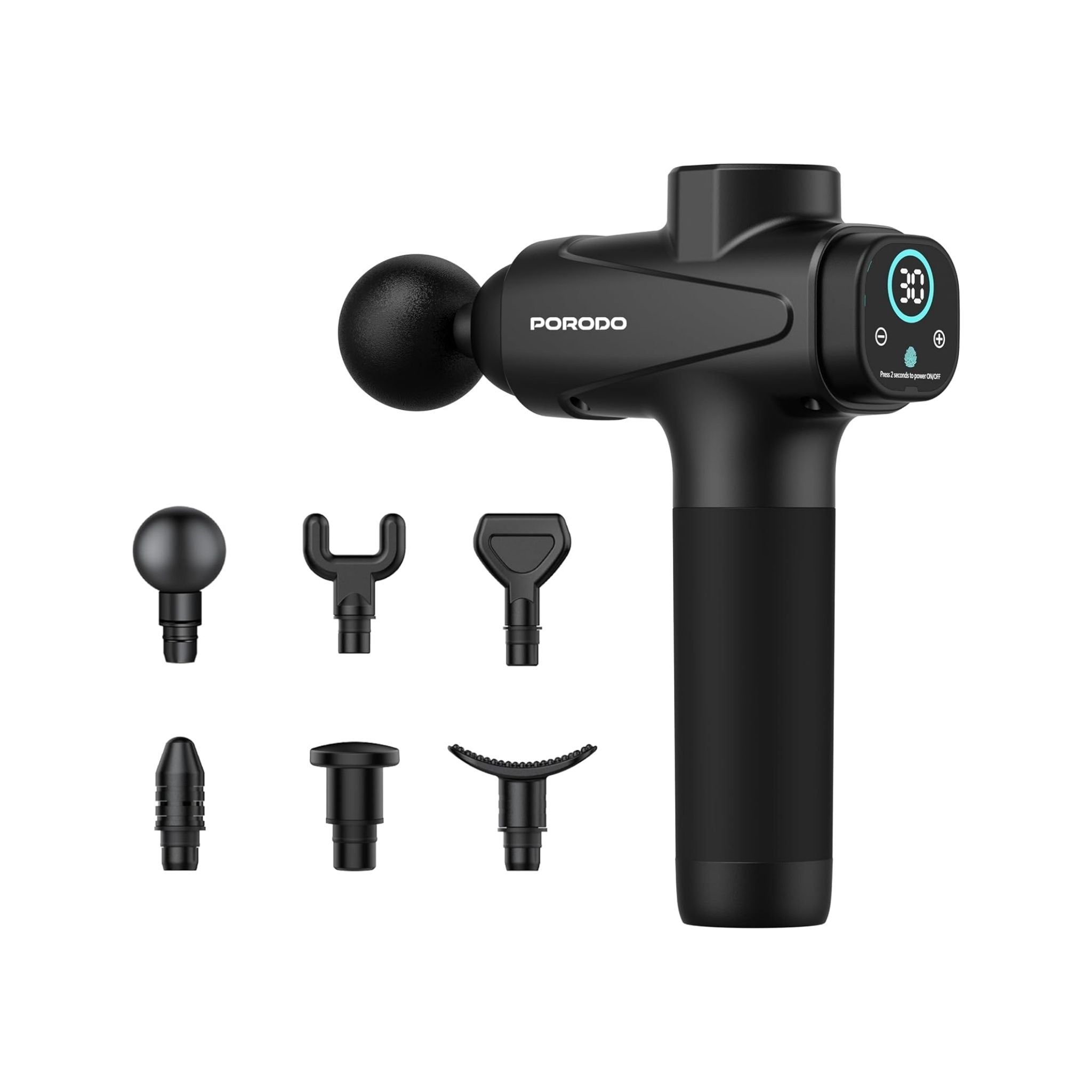 Porodo Multi-Head Deep Tissue Massage Gun with 6 Interchangeable Heads, 30 Speed Levels, LCD Touch Display, Type-C Fast Charging, 1500mAh Battery, Low Noise 55dB