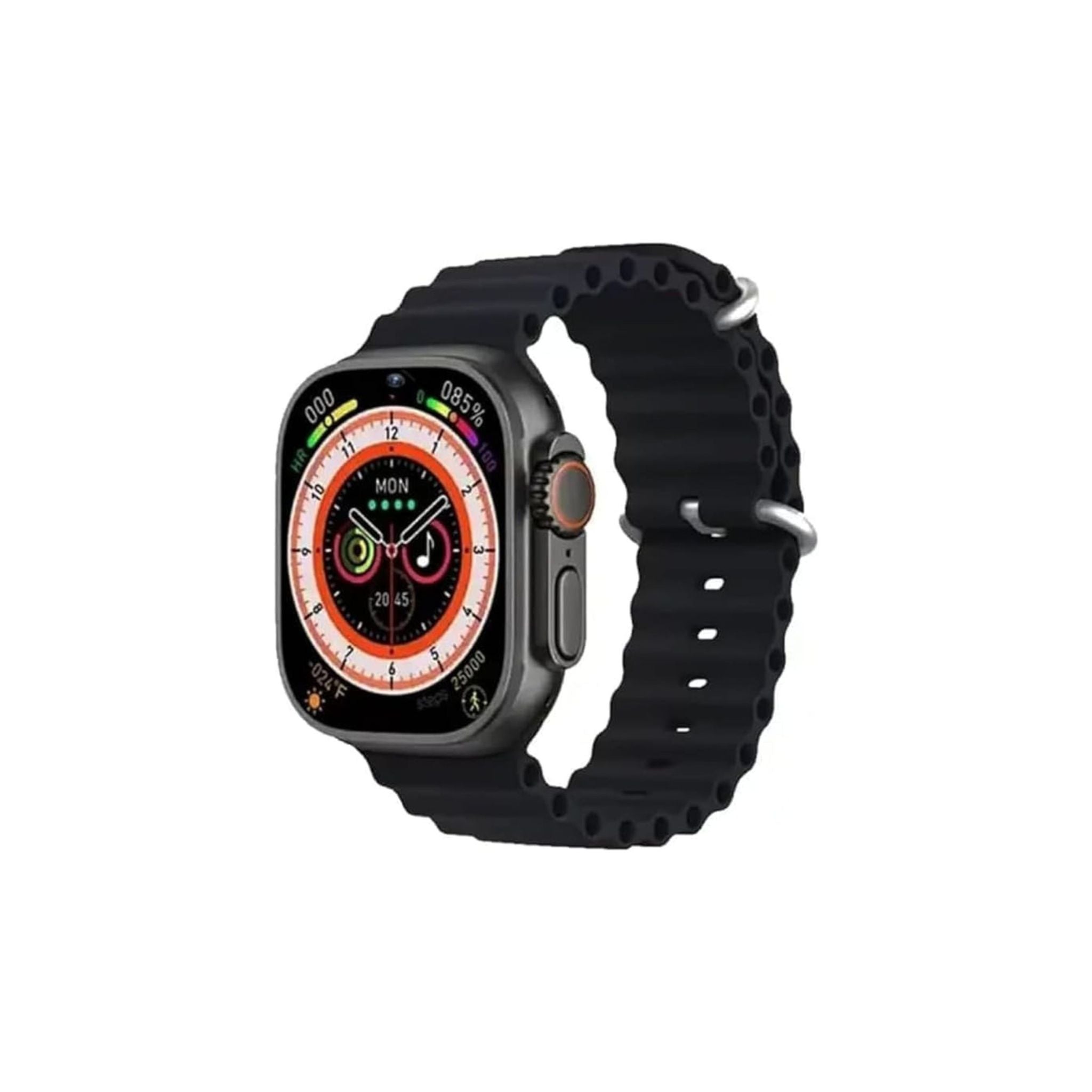 A black Modio smartwatch with a digital display and a black band. The watch has a sporty design with a textured case and a buckle clasp.