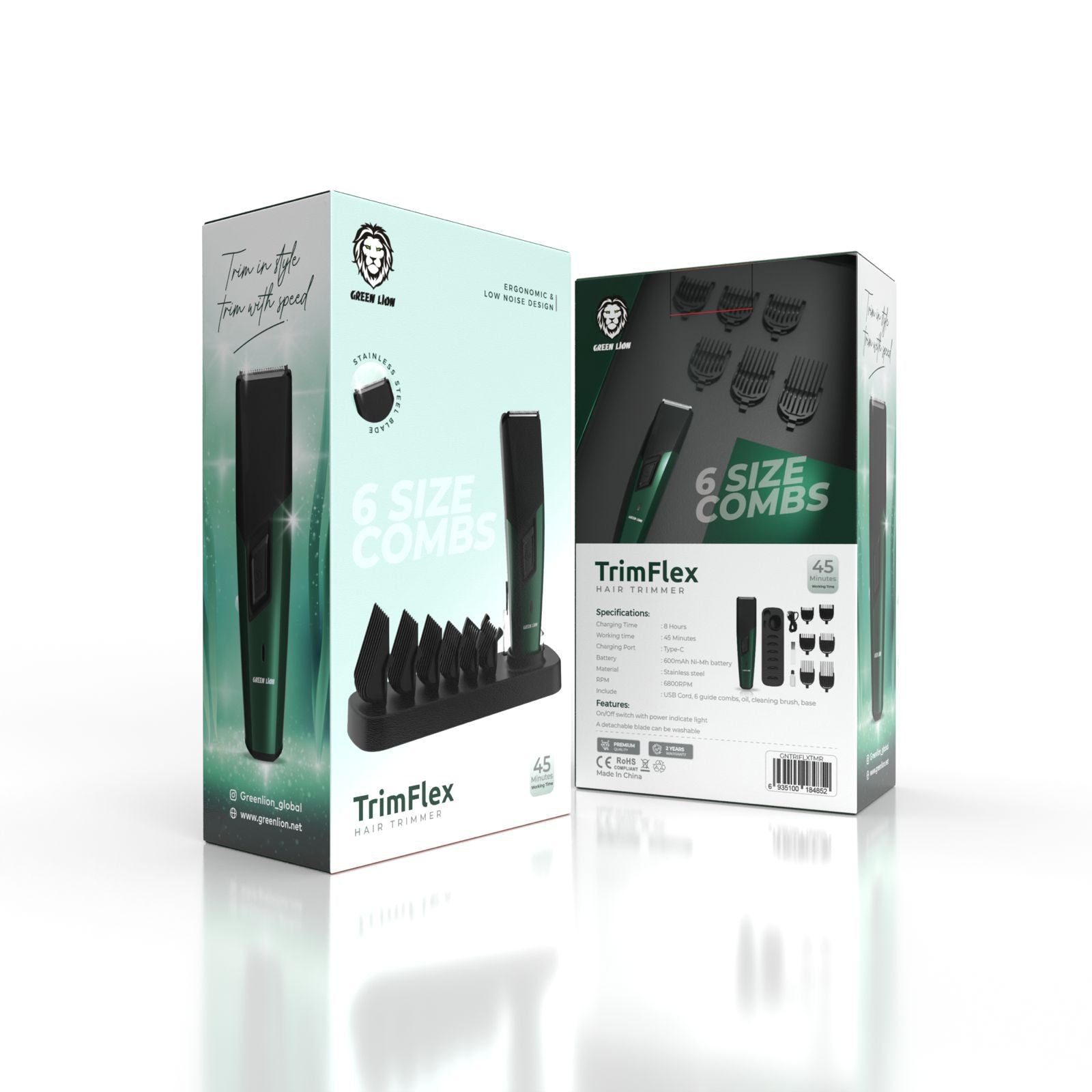 Green Lion Trim Flex Hair Trimmer with 6 Size Combs, 600mAh Battery Capacity, 8 Hours Charging Time, 45 Minutes Working Time, Type-C Charging Port, Stainless Steel Material, LED Indicator, Ergonomic & Low Noise Design - Black